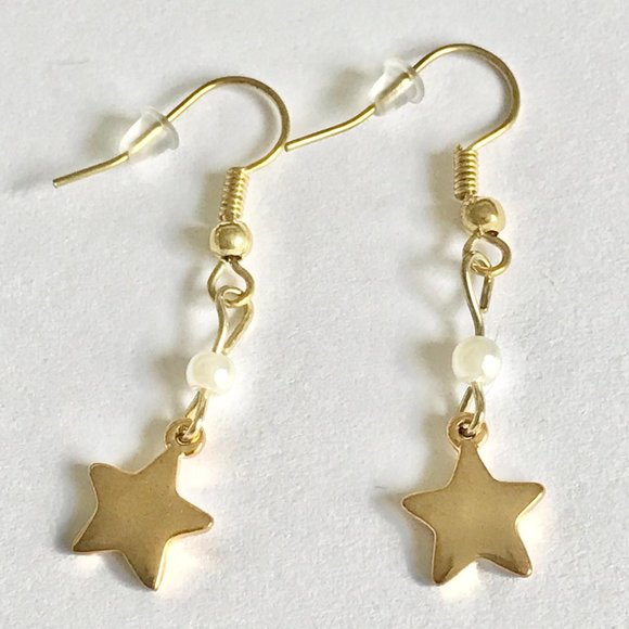 Pearl Star Earrings Gold Plated Dainty Dangle White Glass Bead Stars - Picture 5 of 7